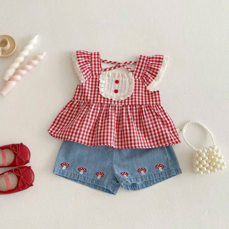 Set Đồ Mùa Hè Bé Gái, Áo Caro Đỏ, Quần Short Jean