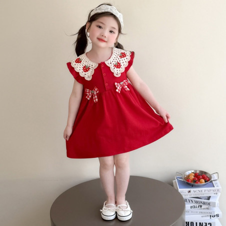 Váy Sát Nách Cổ Bèo Đính Nơ Đỏ Cho Bé Gái 1-7 Tuổi TinyKids