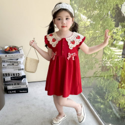 Váy Sát Nách Cổ Bèo Đính Nơ Đỏ Cho Bé Gái 1-7 Tuổi TinyKids