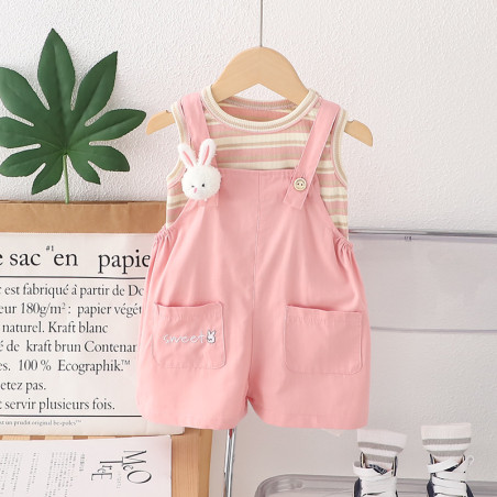 Set Bộ quần yếm thỏ tay ngắn màu hồng TinyKids