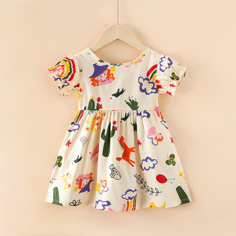 Váy Cho Bé Gái Mùa Hè, Đầm Bé Gái Cho Trẻ Em Tinykids, Váy Bé Gái Ngắn Tay chất Cotton Thô Hoạ Tiết Thiên Đường Màu Trắng