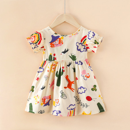 Váy Cho Bé Gái Mùa Hè, Đầm Bé Gái Cho Trẻ Em Tinykids, Váy Bé Gái Ngắn Tay chất Cotton Thô Hoạ Tiết Thiên Đường Màu Trắng