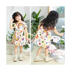 Váy Cho Bé Gái Mùa Hè, Đầm Bé Gái Cho Trẻ Em Tinykids, Váy Bé Gái Ngắn Tay chất Cotton Thô Hoạ Tiết Thiên Đường Màu Trắng