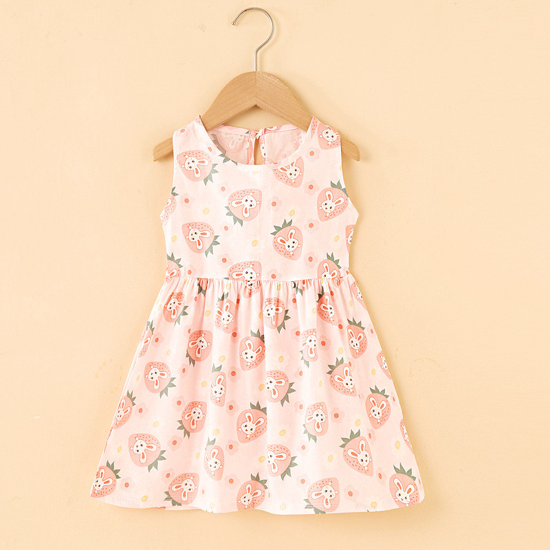 Váy bé gái họa tiết thời trang mùa hè TinyKids, đầm bé gái sát nách Cotton Hoạ Tiết Thỏ Dâu