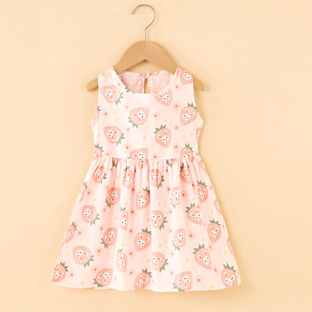 Váy bé gái họa tiết thời trang mùa hè TinyKids, đầm bé gái sát nách Cotton Hoạ Tiết Thỏ Dâu